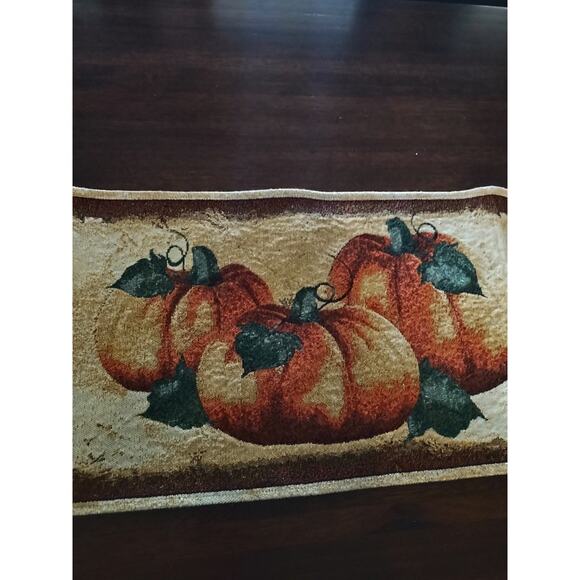 Vintage Tapestry Embroidered Halloween Fall Pumpkin table runner. 70" x 12" - Picture 5 of 10